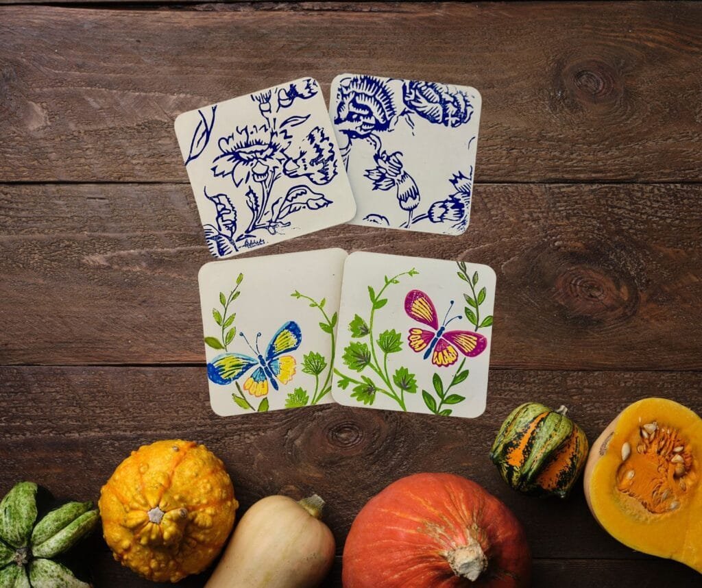 IOD Paint Inlay Coasters with Vida Floral and Indigo Floral