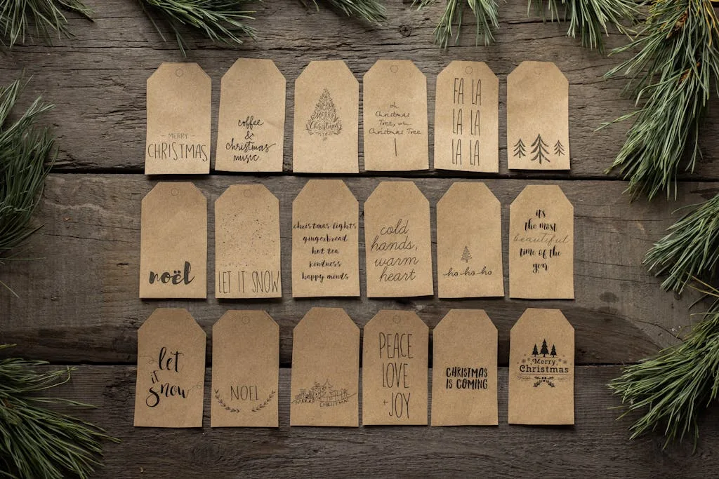 Festive Christmas gift tags arranged on rustic wood with green pine sprigs. Perfect for holiday crafting and decoration.