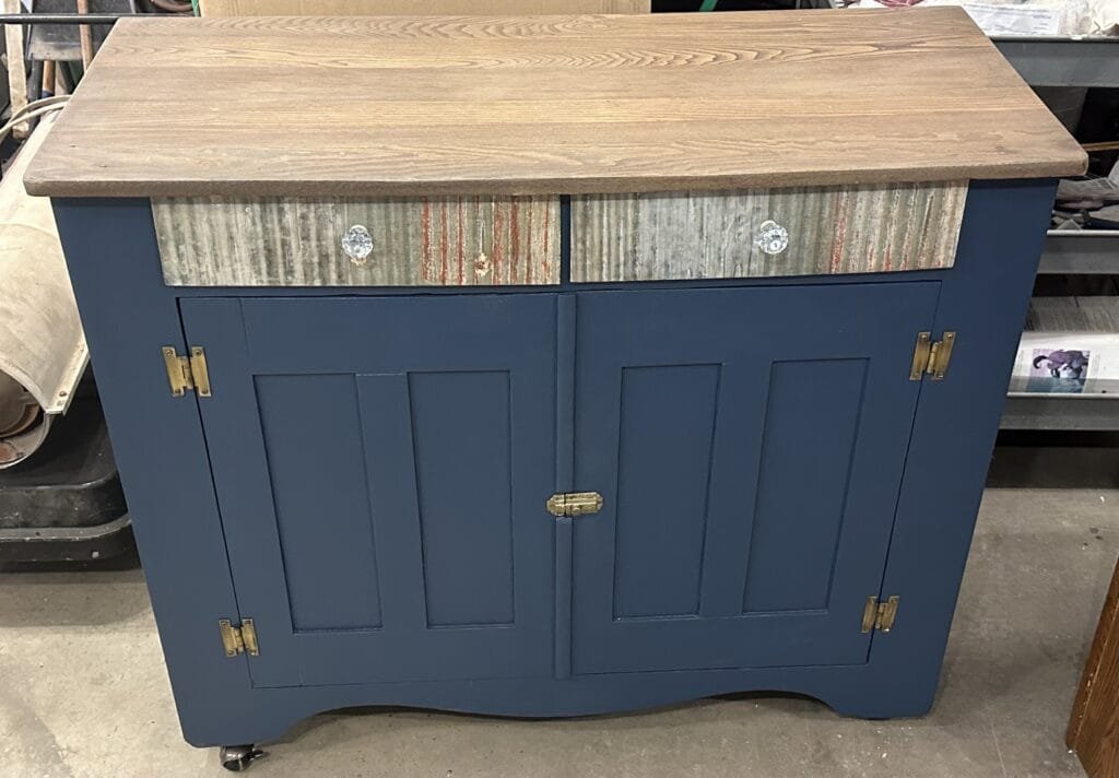 Upcycled Kitchen Island with Decoupaged Drawers