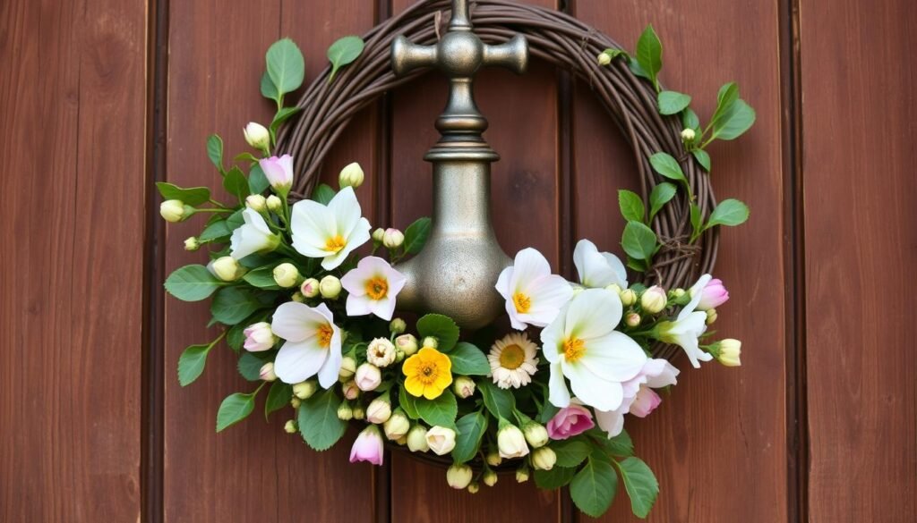 DIY spring crafts featuring vintage faucet handle wreath