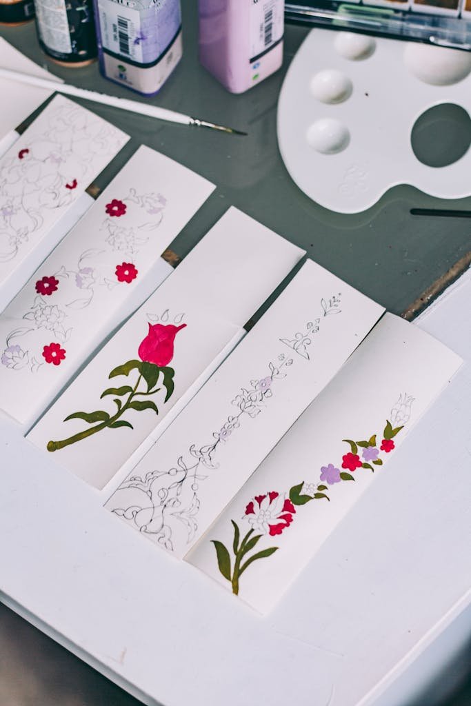 Hand-painted floral bookmarks on a table with art supplies. Perfect for creative inspiration.